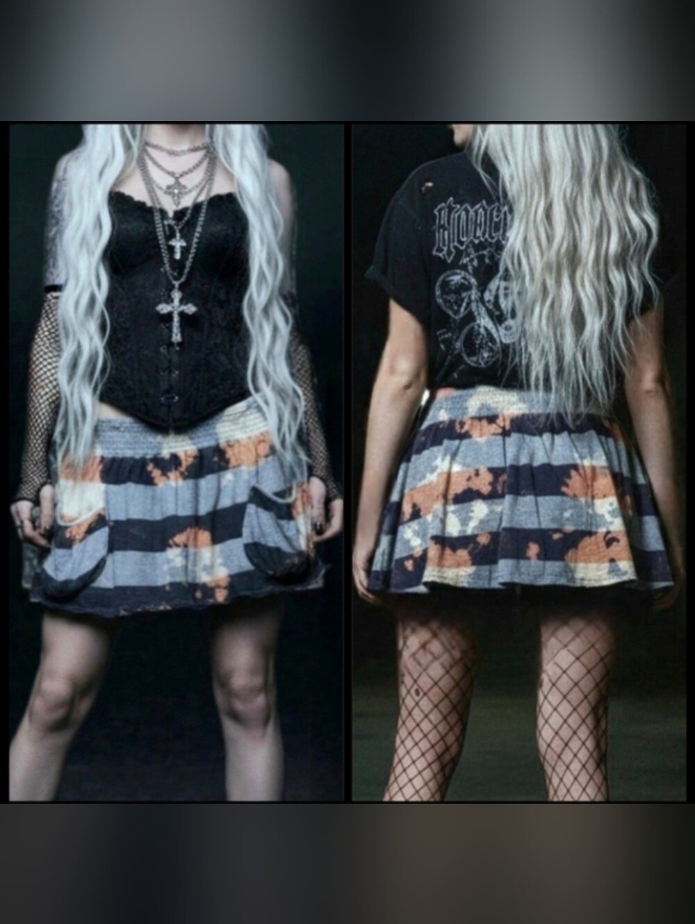 Vtg Y2K gray navy stripe upcycled distressed bleach anarchy micro mini skirt L